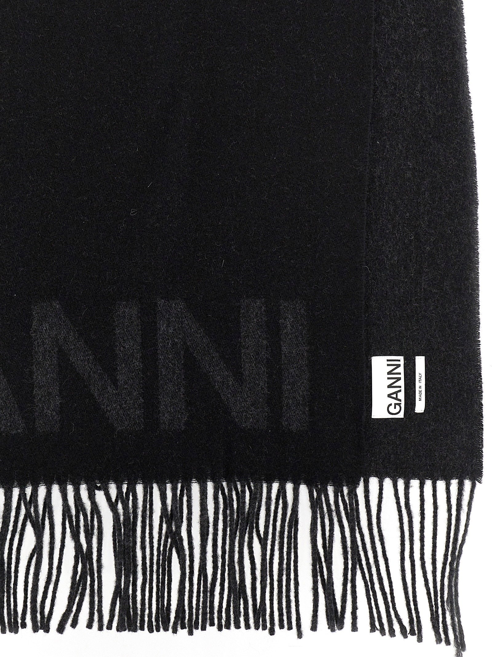 Ganni Logo Wool Scarf — Black, view 3