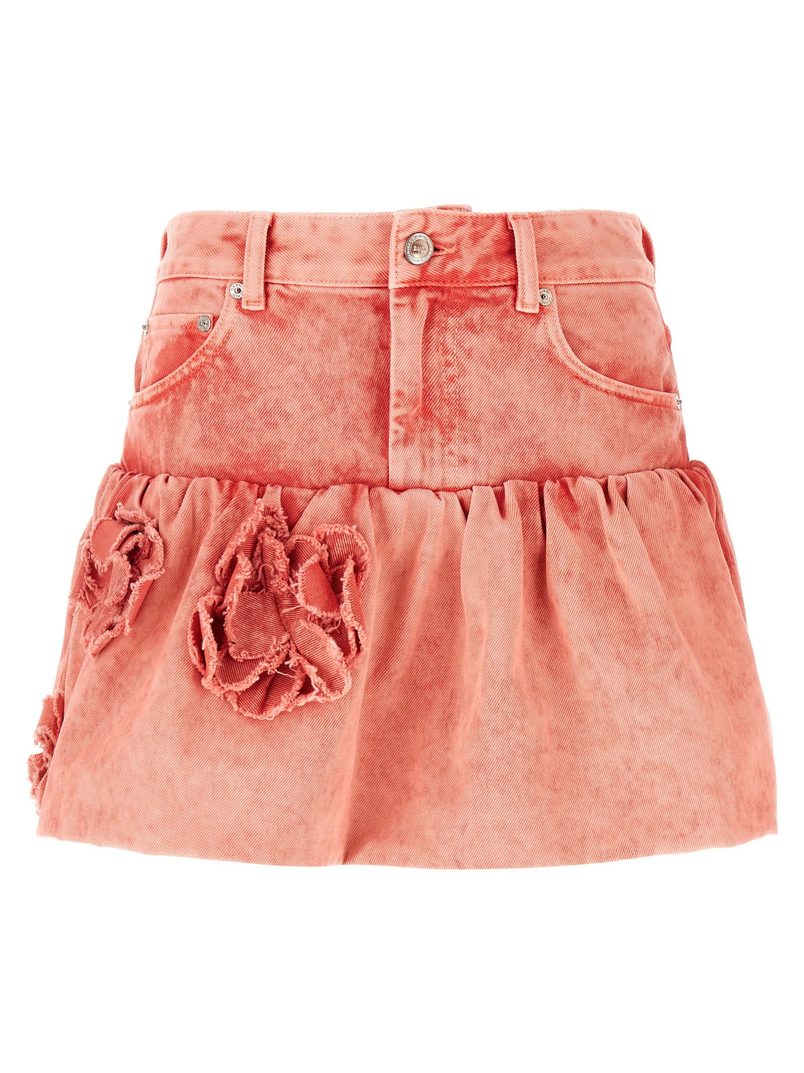Ganni Stone-Washed Denim with 3D Floral Appliqué Skirt — Coral by Ganni