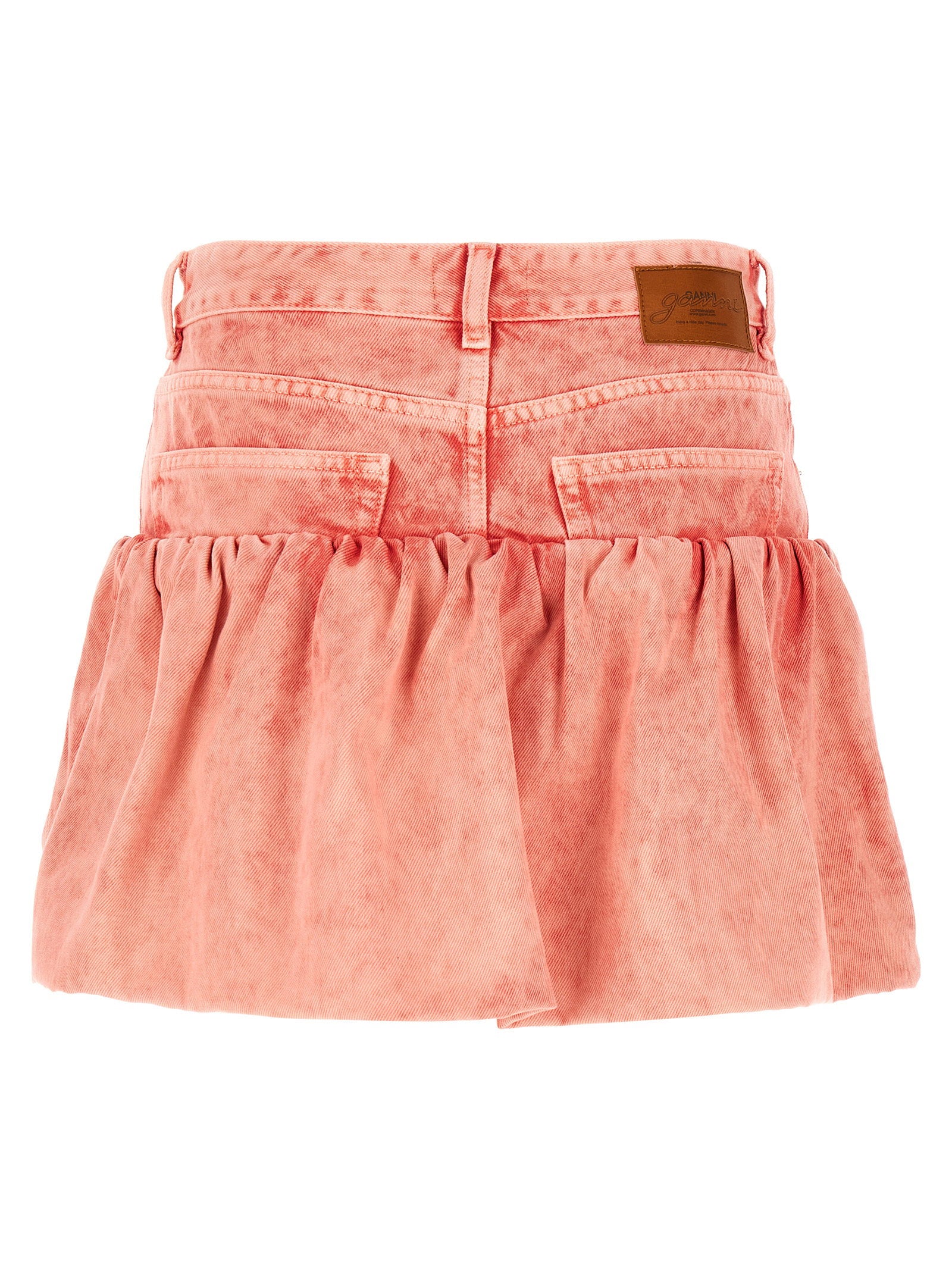 Ganni Stone-Washed Denim with 3D Floral Appliqué Skirt — Coral, view 2