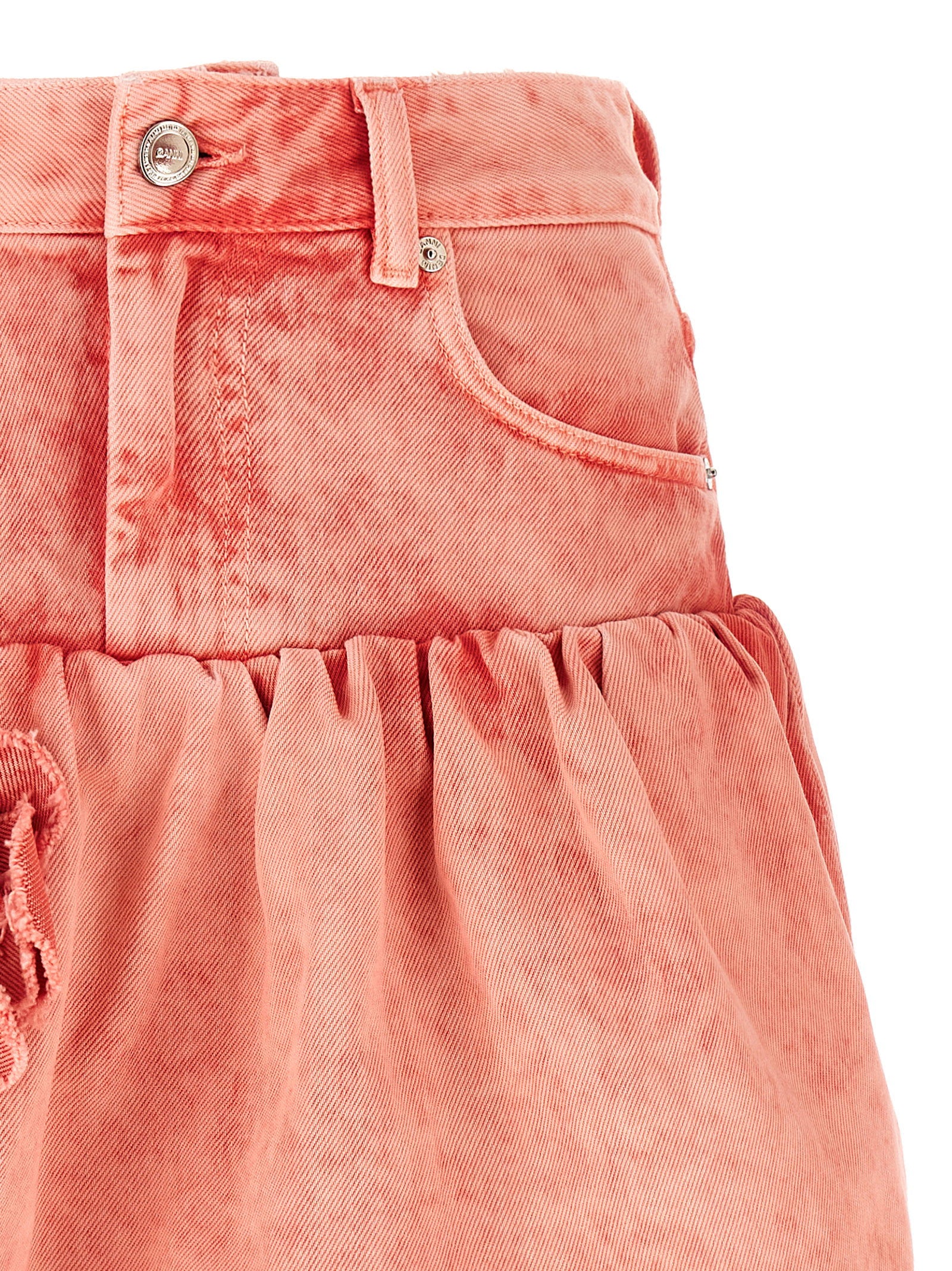 Ganni Stone-Washed Denim with 3D Floral Appliqué Skirt — Coral, view 3
