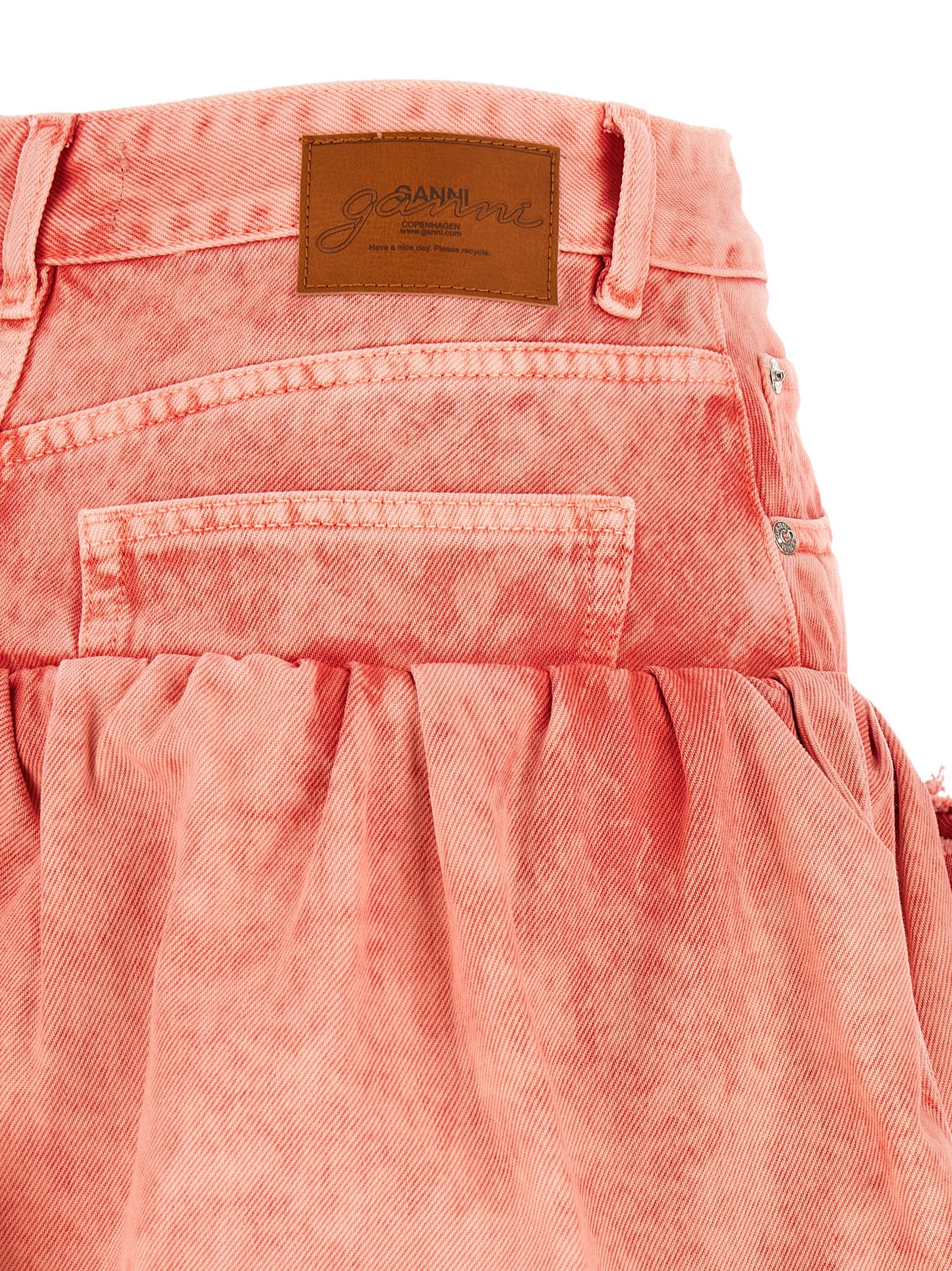Ganni Stone-Washed Denim with 3D Floral Appliqué Skirt — Coral, view 4