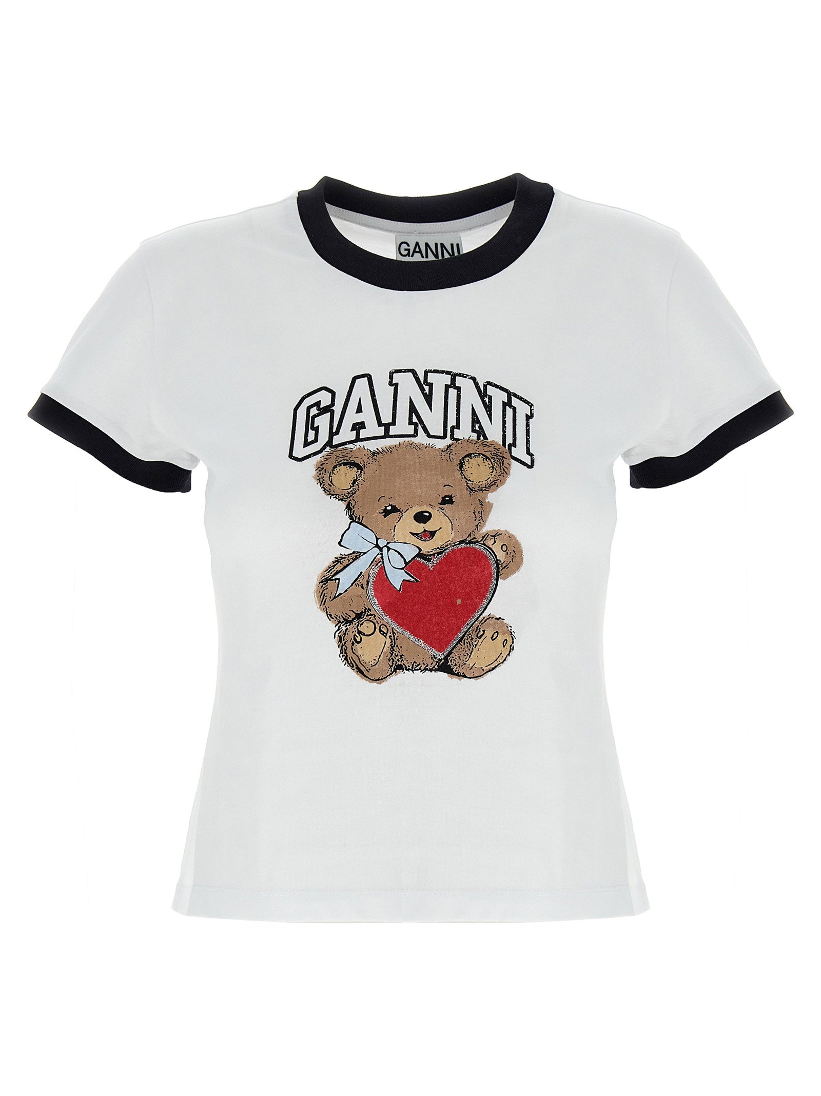 Ganni Bear-Print Organic Cotton T-Shirt — White by Ganni