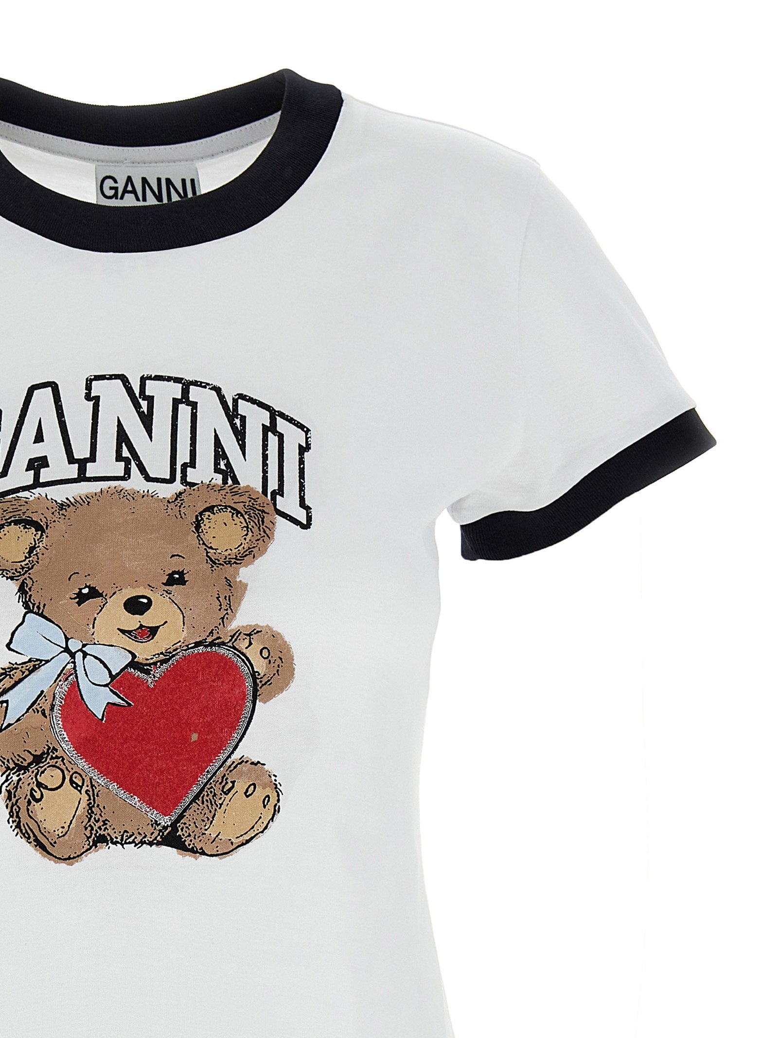 Ganni Bear-Print Organic Cotton T-Shirt — White, view 3