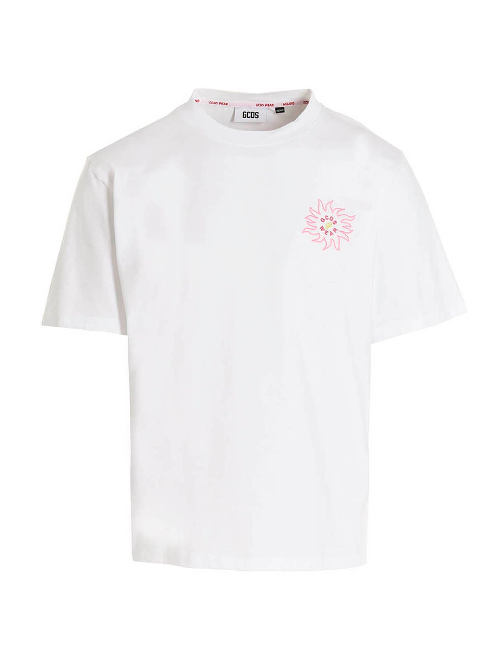 Gcds Pink Flower-Embroidered T-Shirt — White by GCDS