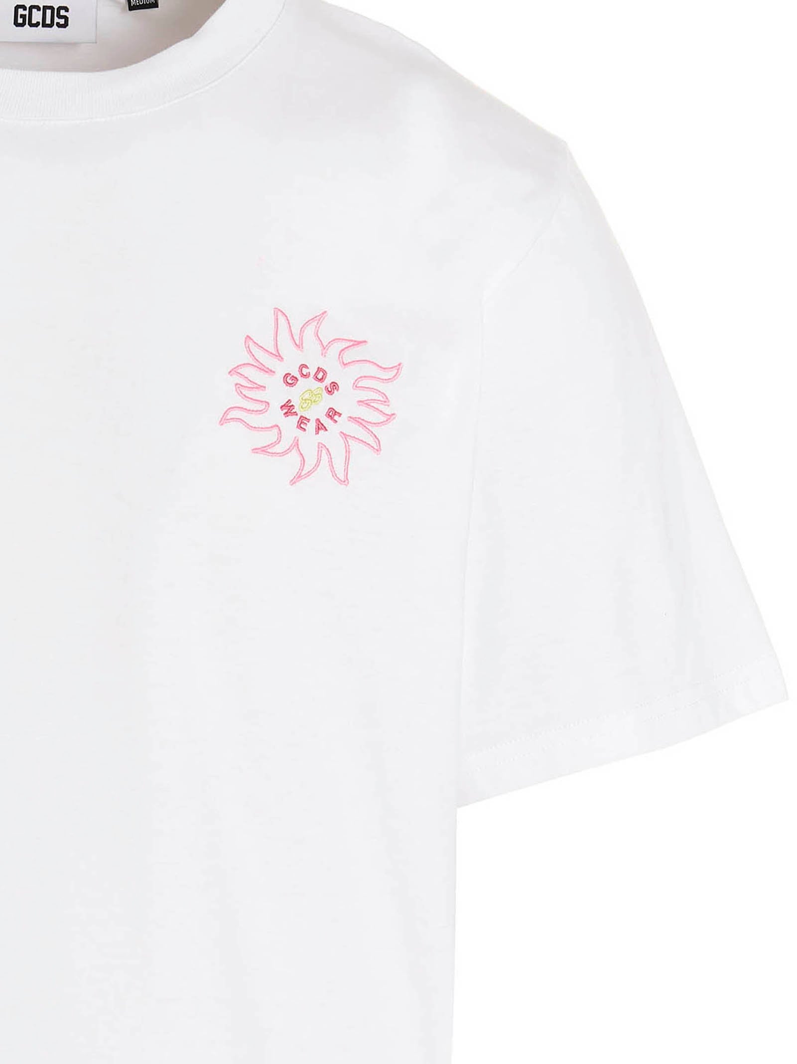 Gcds Pink Flower-Embroidered T-Shirt — White, view 3