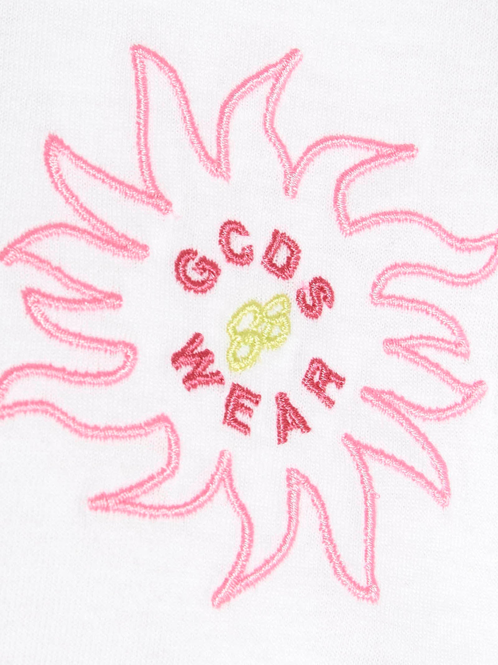 Gcds Pink Flower-Embroidered T-Shirt — White, view 4