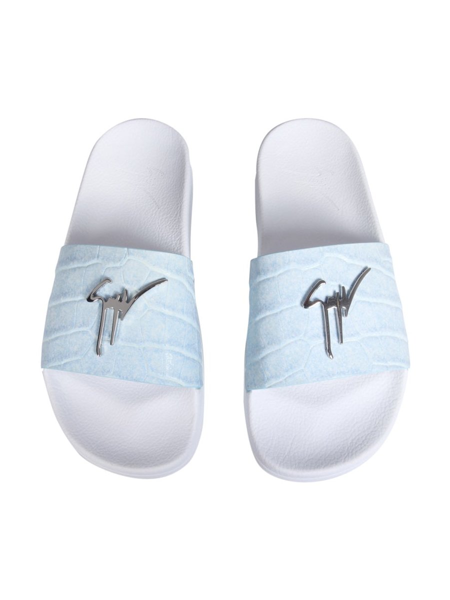 Giuseppe Zanotti Logo-Detail Leather Slide Sandals — Blue, view 3