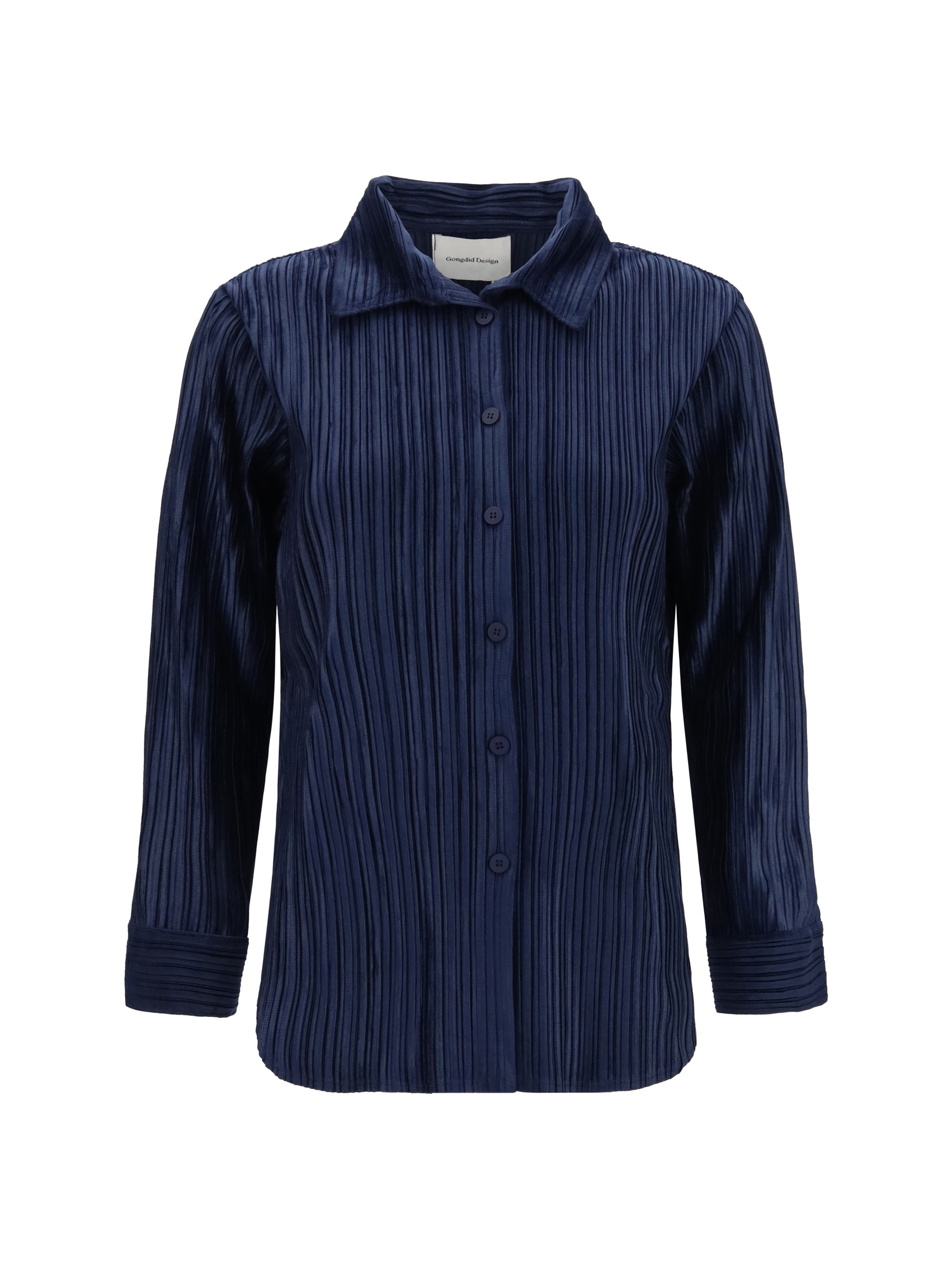 Gongdid Design Fine Striped Velvet-Like Polyester Shirt — Navy by Gongdid Design