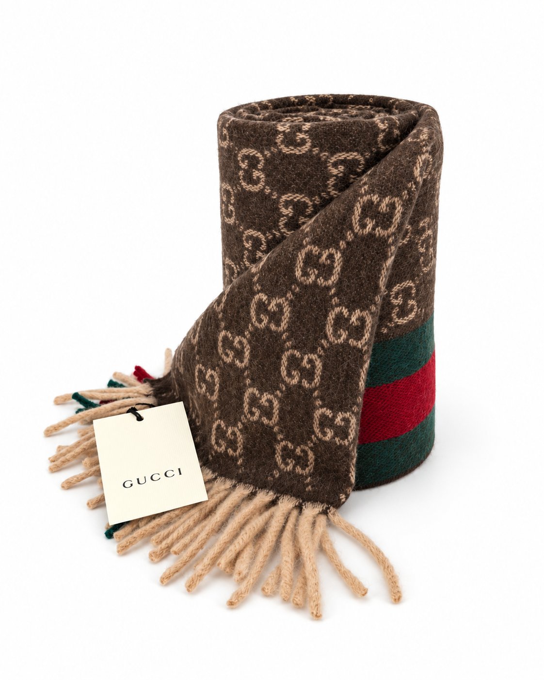 Gucci Monogram Wool and Cashmere Scarf — Brown, view 3