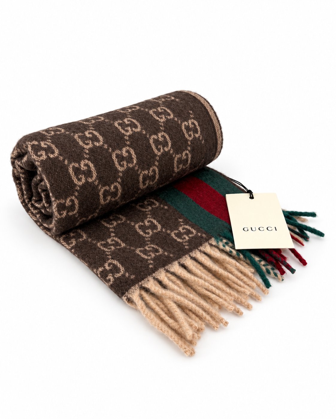 Gucci Monogram Wool and Cashmere Scarf — Brown, view 5