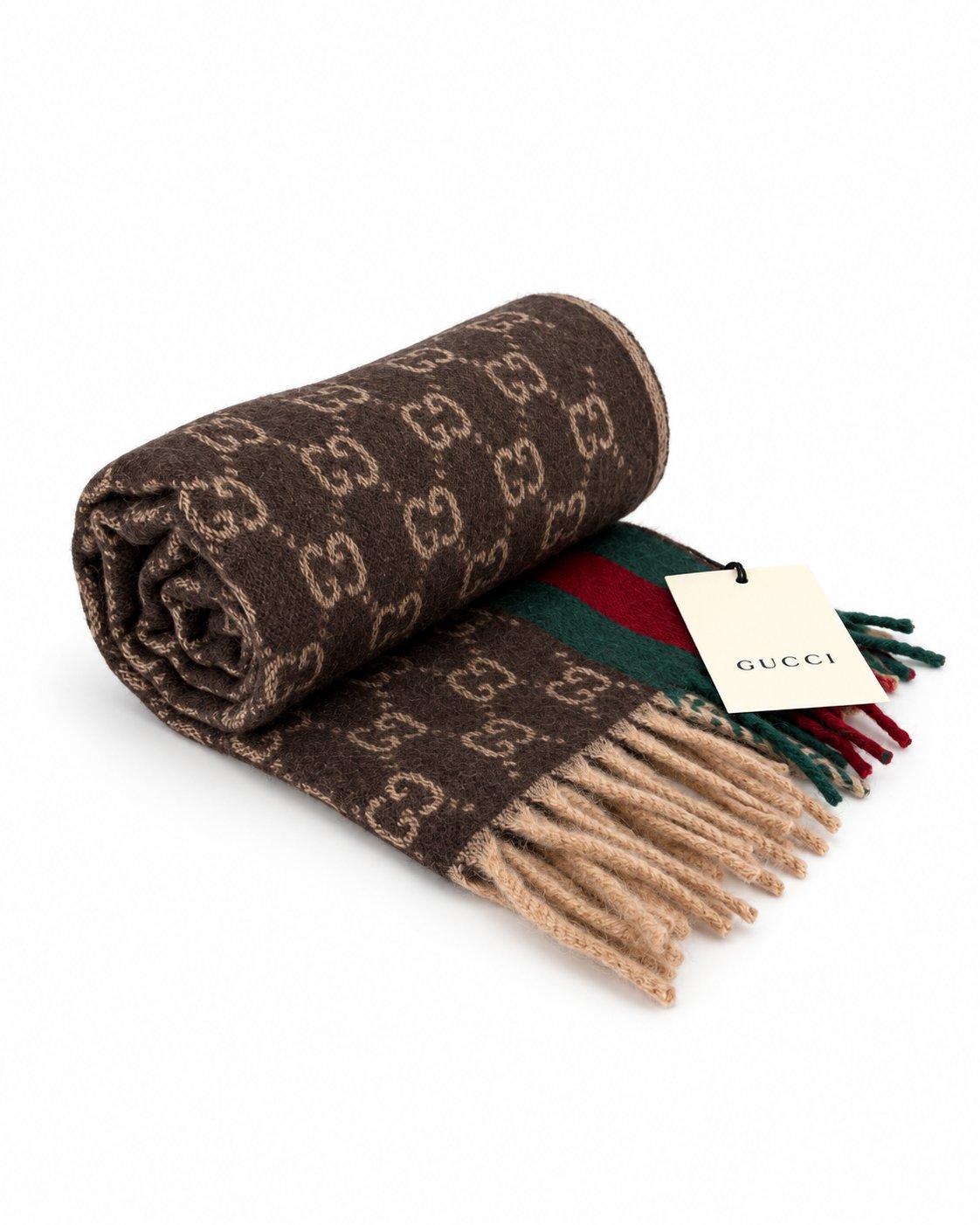 Gucci Monogram Wool and Cashmere Scarf — Brown, view 6