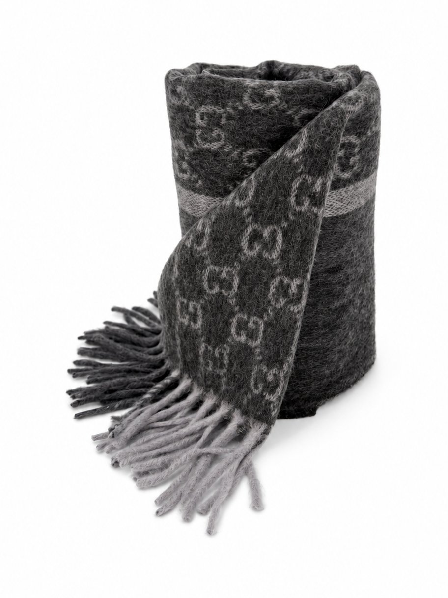 Gucci GG Monogram Cashmere & Wool Scarf — Gray, view 3