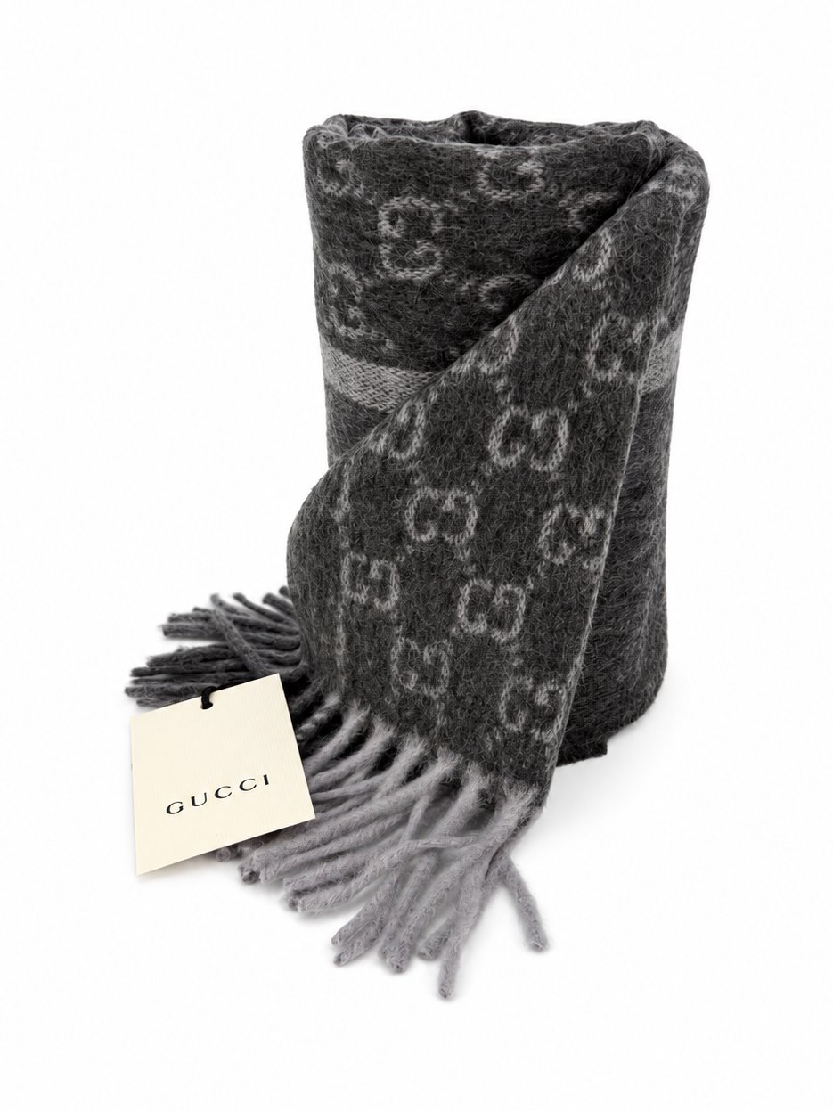 Gucci GG Monogram Cashmere & Wool Scarf — Gray, view 4