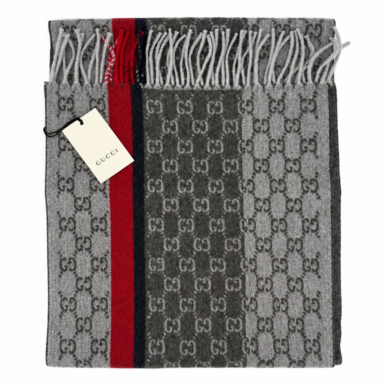 Gucci GG Monogram Cashmere & Wool Scarf — Gray, view 7