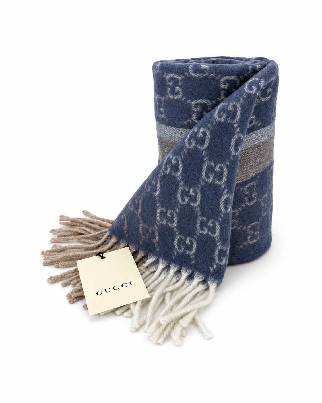 Gucci Monogram Cashmere & Wool Scarf — Navy, view 3