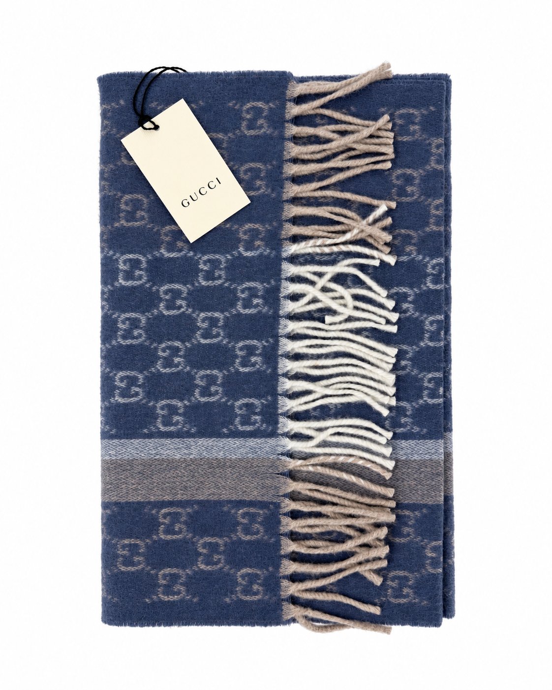 Gucci Monogram Cashmere & Wool Scarf — Navy, view 7
