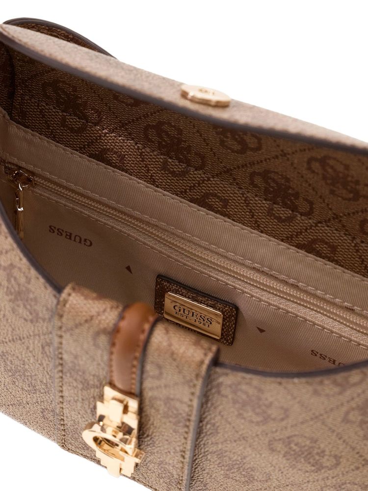 Guess Logo-Patterned Polyurethane Shoulder Bag — Beige, view 3