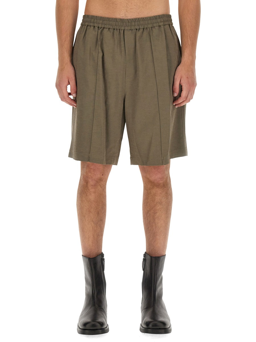 Helmut Lang Pull-On Rayon Bermudas — Green, view 2