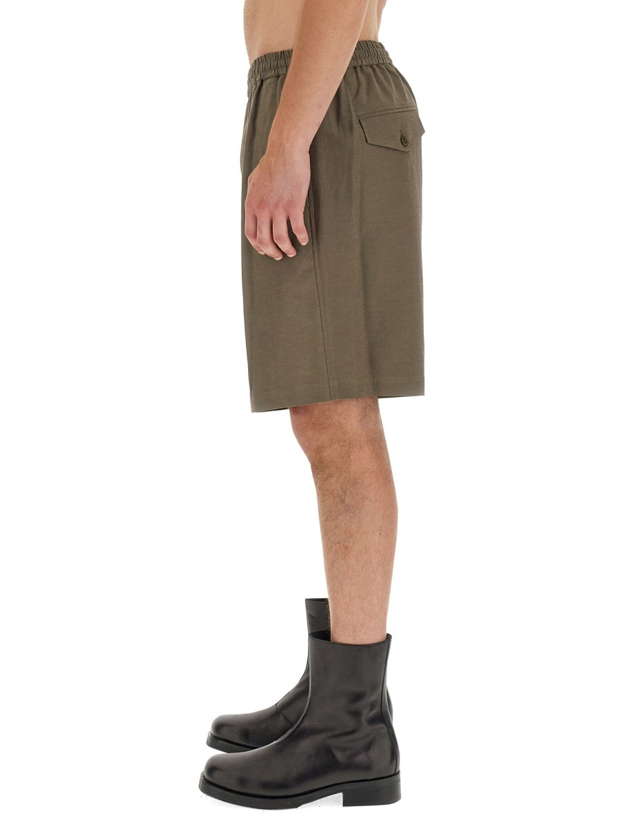 Helmut Lang Pull-On Rayon Bermudas — Green, view 4
