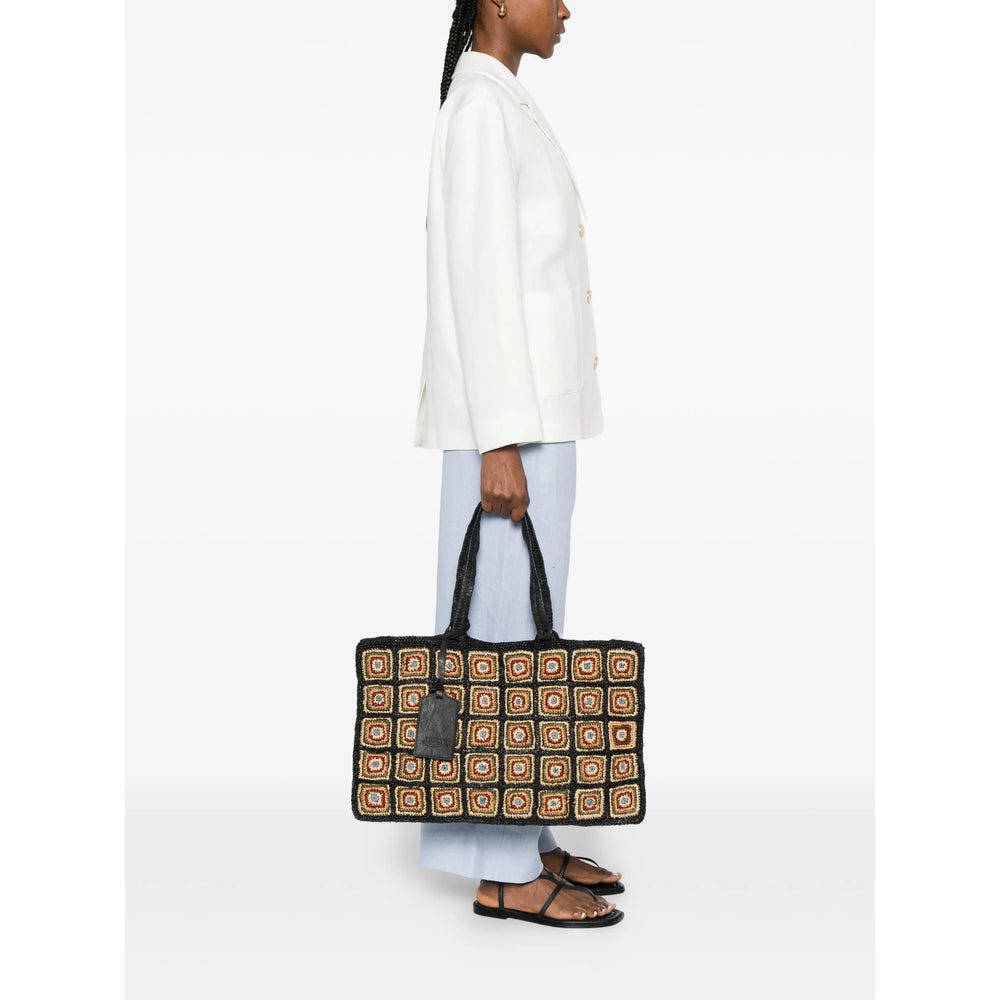 Ibeliv Raffia Square-Motif Tote Bag — Black, view 3
