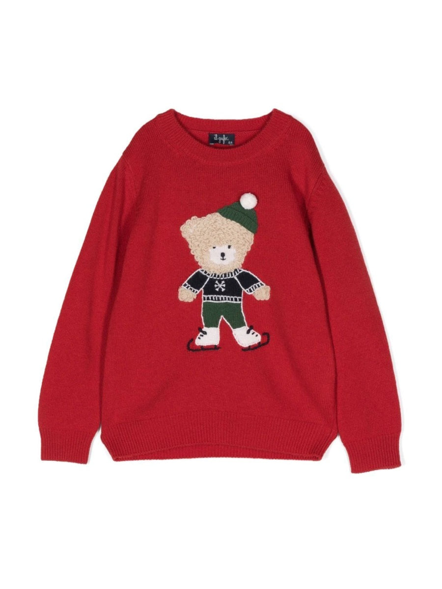 Il Gufo Teddy Bear Embroidered Virgin Wool Sweater — Red by Il Gufo