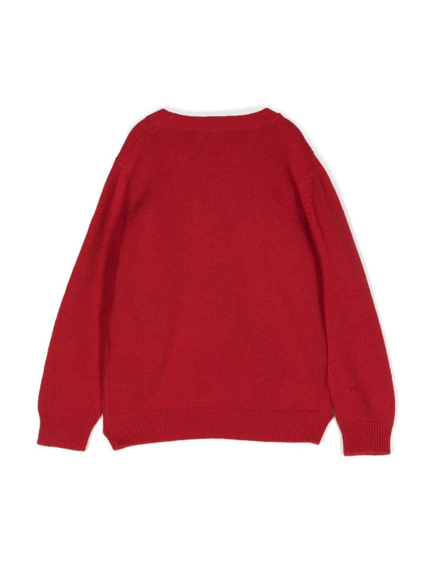 Il Gufo Teddy Bear Embroidered Virgin Wool Sweater — Red, view 2