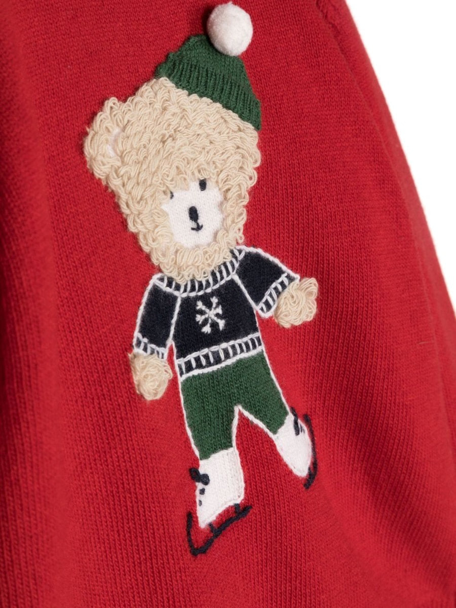 Il Gufo Teddy Bear Embroidered Virgin Wool Sweater — Red, view 3
