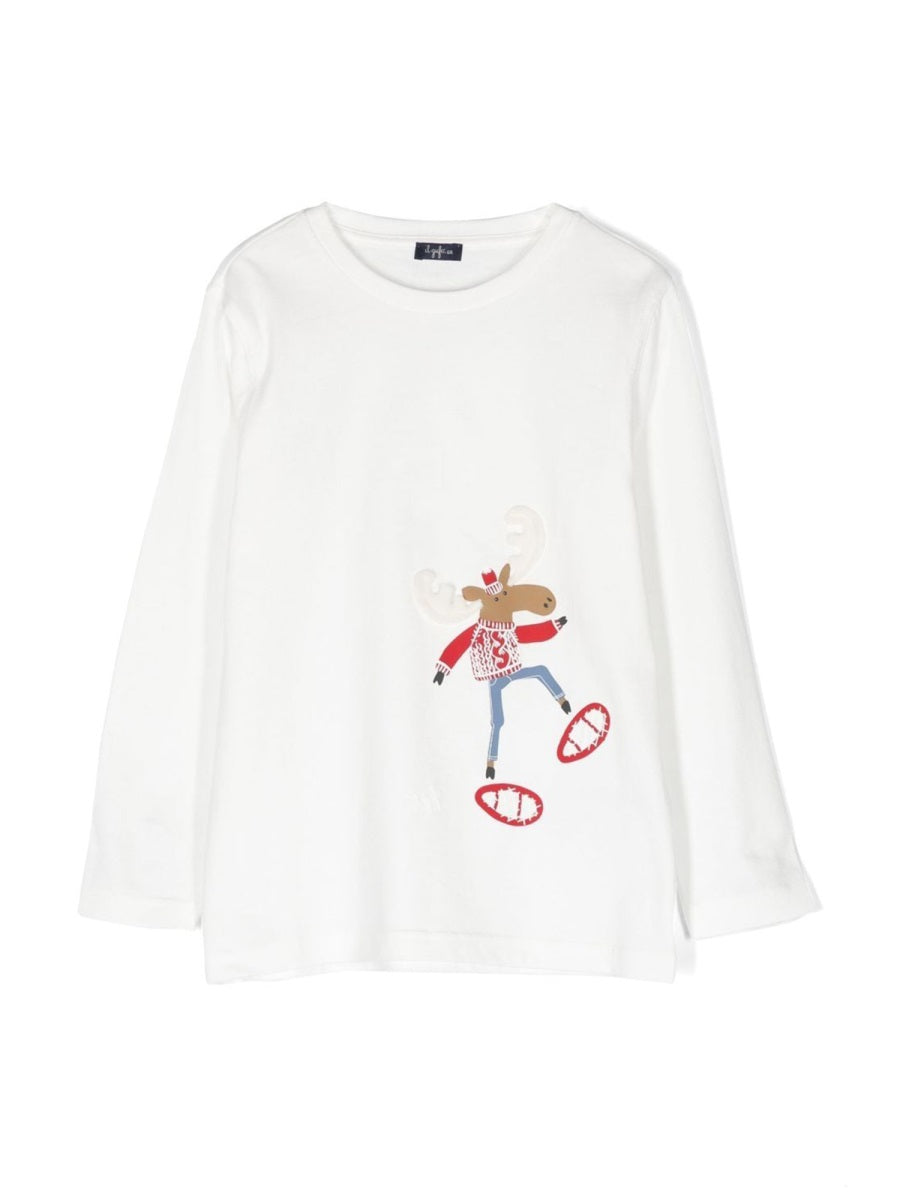 Il Gufo Reindeer Motif Cotton T-Shirt — White by Il Gufo