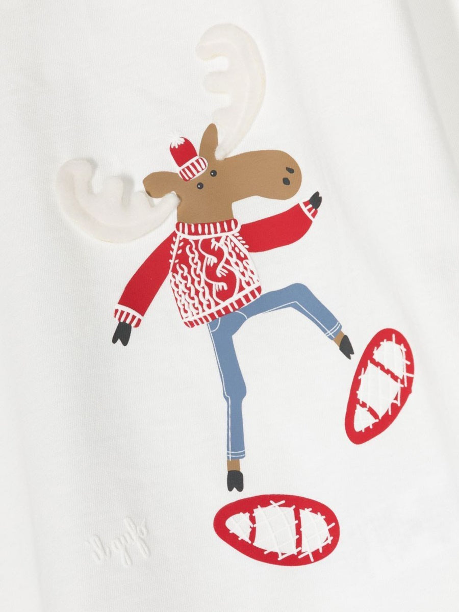 Il Gufo Reindeer Motif Cotton T-Shirt — White, view 3
