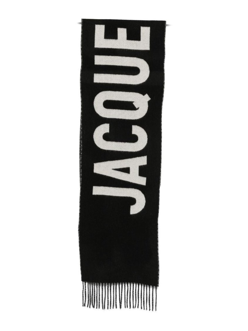 JACQUEMUS Logo Intarsia Virgin Wool Scarf — Black by Jacquemus