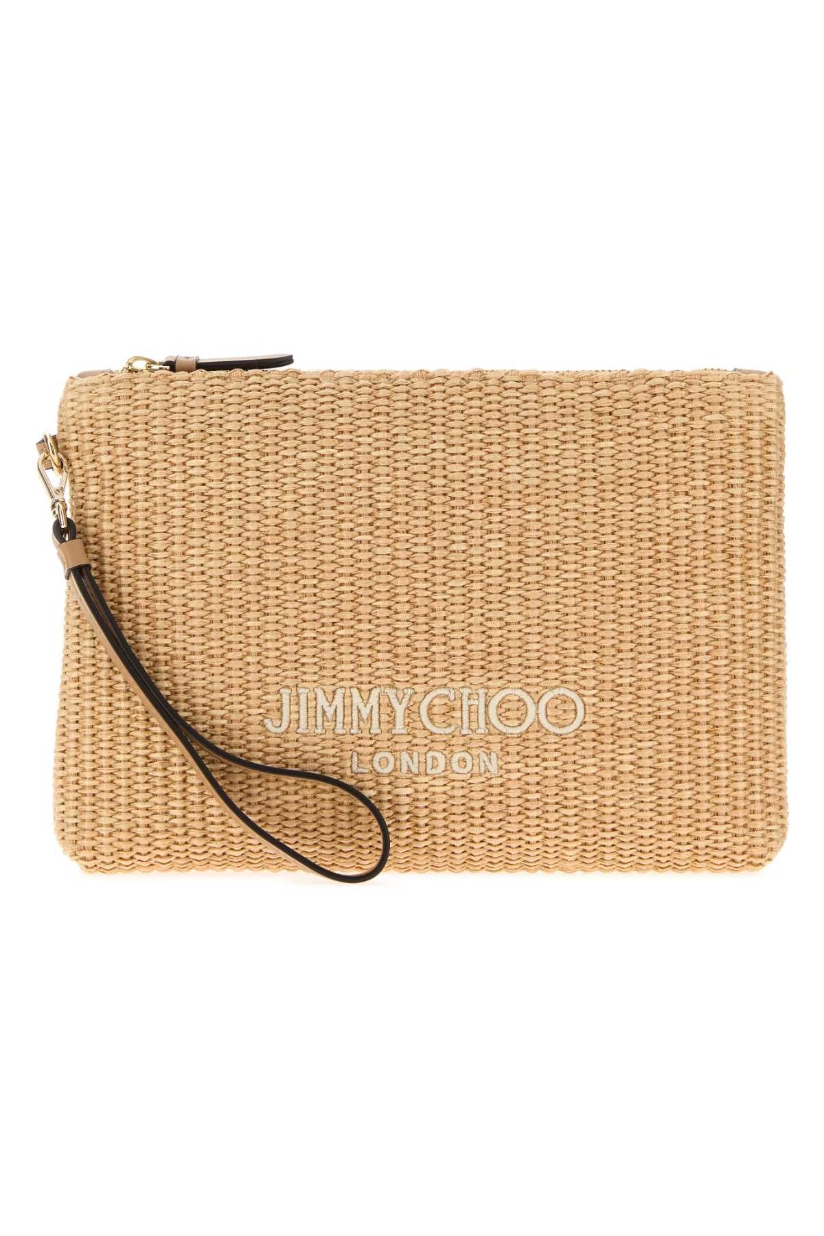 Jimmy Choo Zipped Flat Pouch Raffia Clutch — Beige by Jimmy Choo