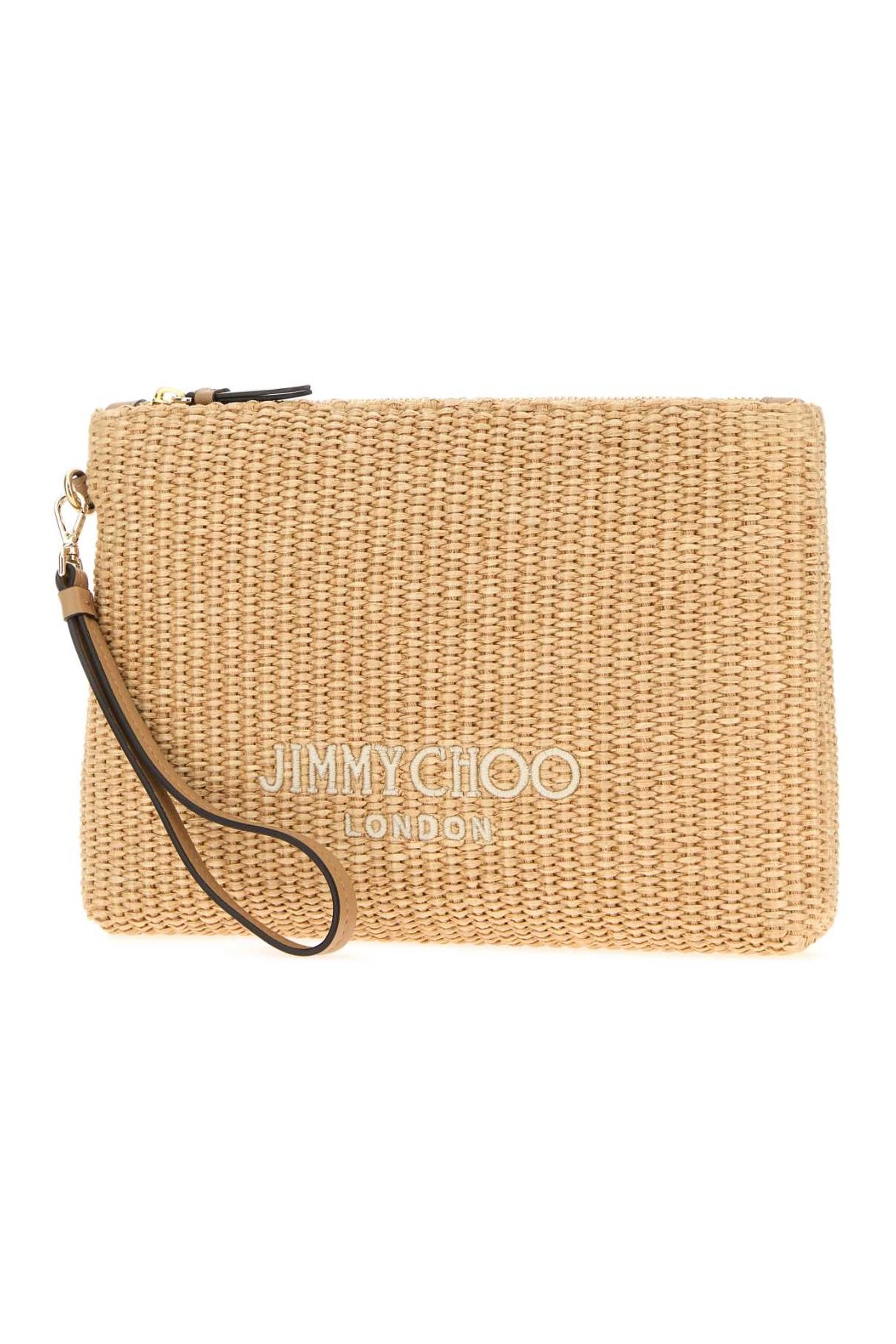 Jimmy Choo Zipped Flat Pouch Raffia Clutch — Beige, view 2