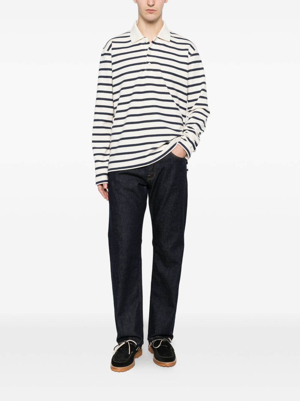 Junya Watanabe Striped Cotton Polo Shirt — Navy, view 3