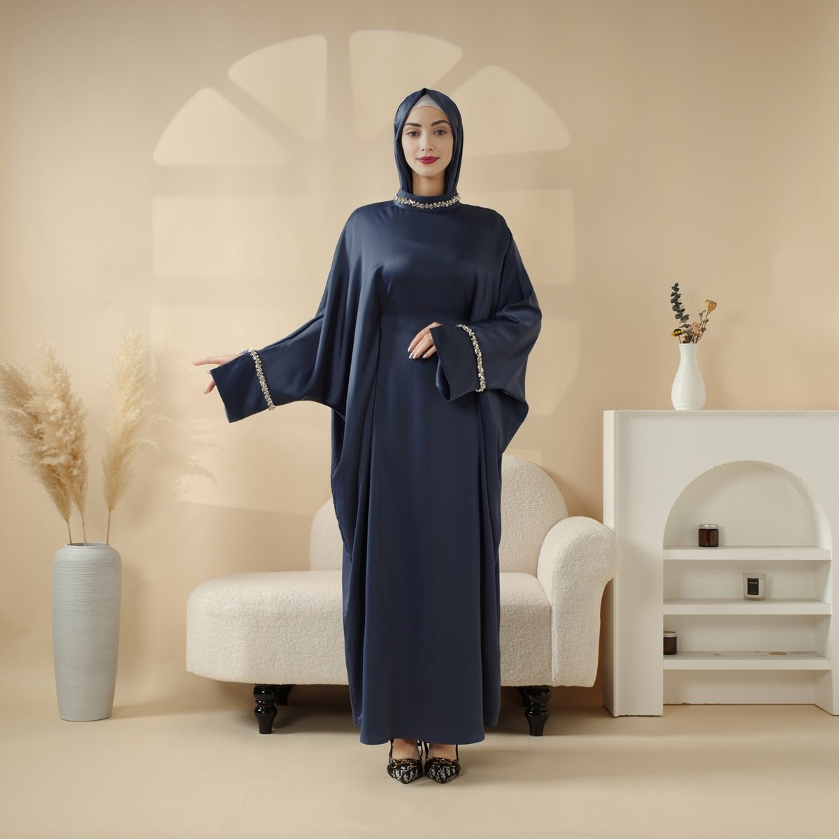 Kaftan Batwing Sleeve Luxury Satin Diamond Abaya 2-Piece Set (MA121) by Mariam's Collection