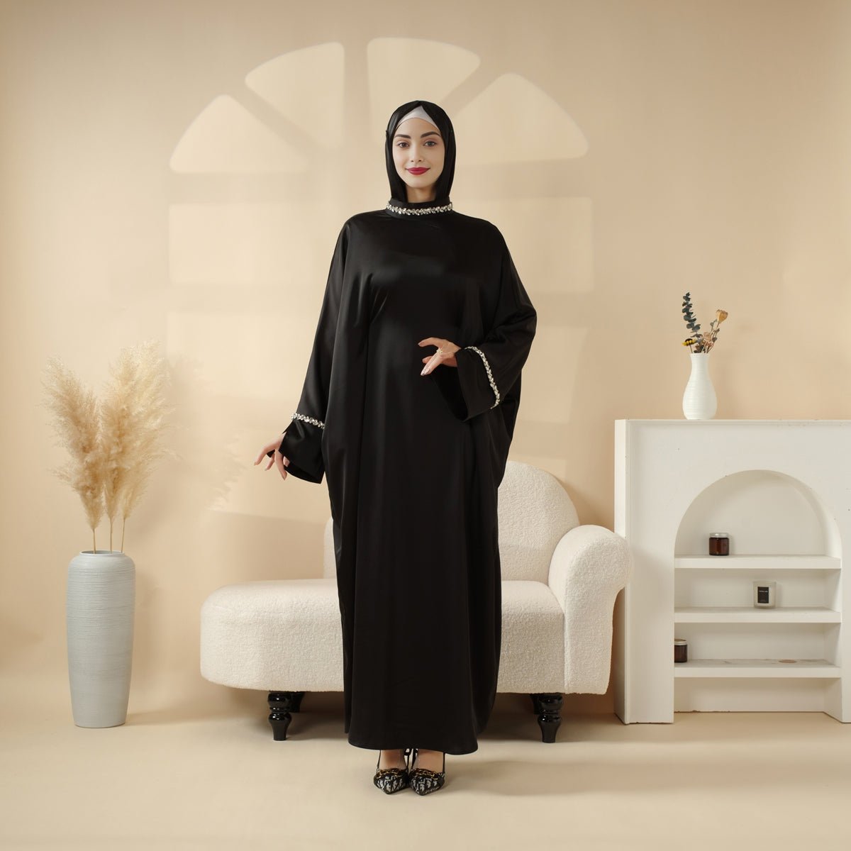 Kaftan Batwing Sleeve Luxury Satin Diamond Abaya 2-Piece Set (MA121), view 2