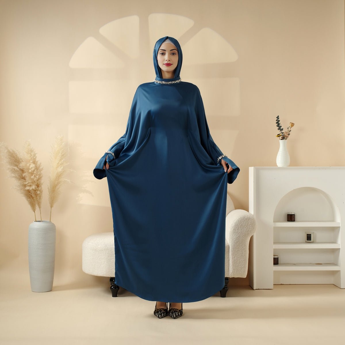Kaftan Batwing Sleeve Luxury Satin Diamond Abaya 2-Piece Set (MA121), view 4
