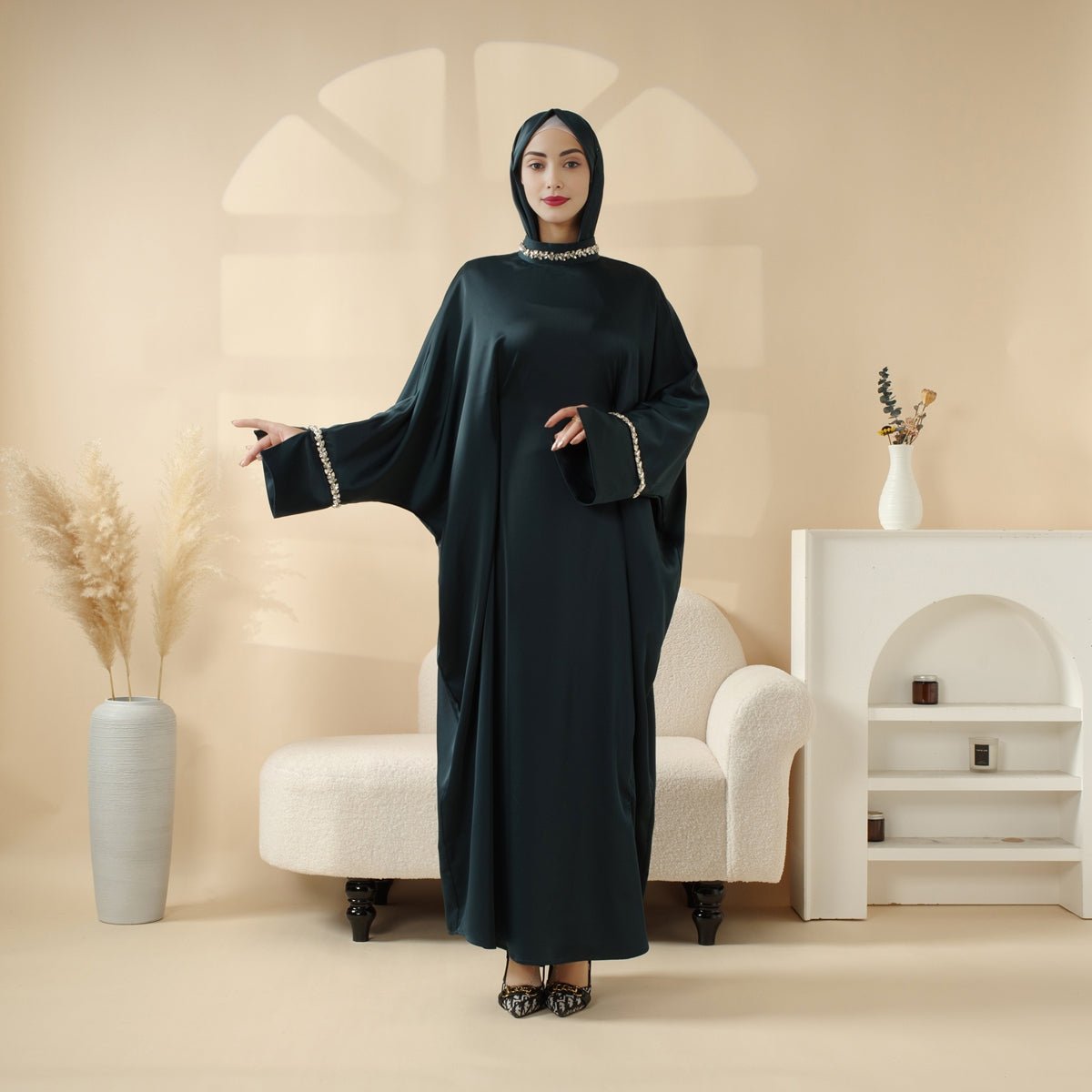 Kaftan Batwing Sleeve Luxury Satin Diamond Abaya 2-Piece Set (MA121), view 5