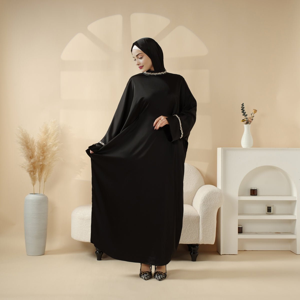 Kaftan Batwing Sleeve Luxury Satin Diamond Abaya 2-Piece Set (MA121), view 6