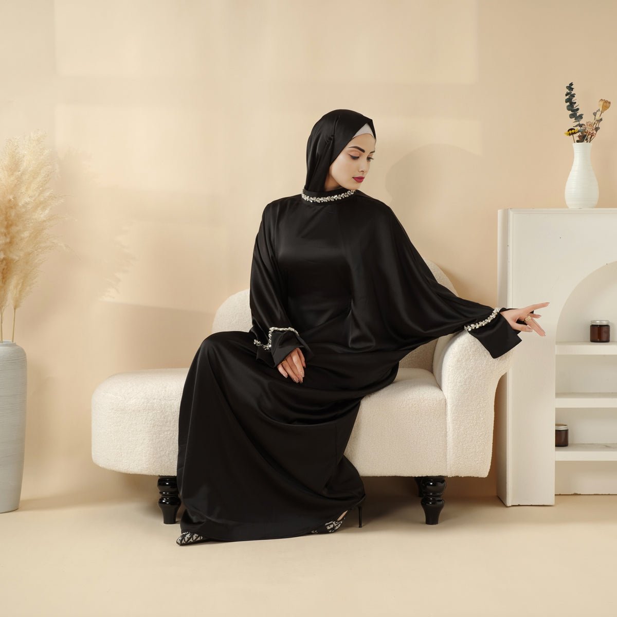 Kaftan Batwing Sleeve Luxury Satin Diamond Abaya 2-Piece Set (MA121), view 7