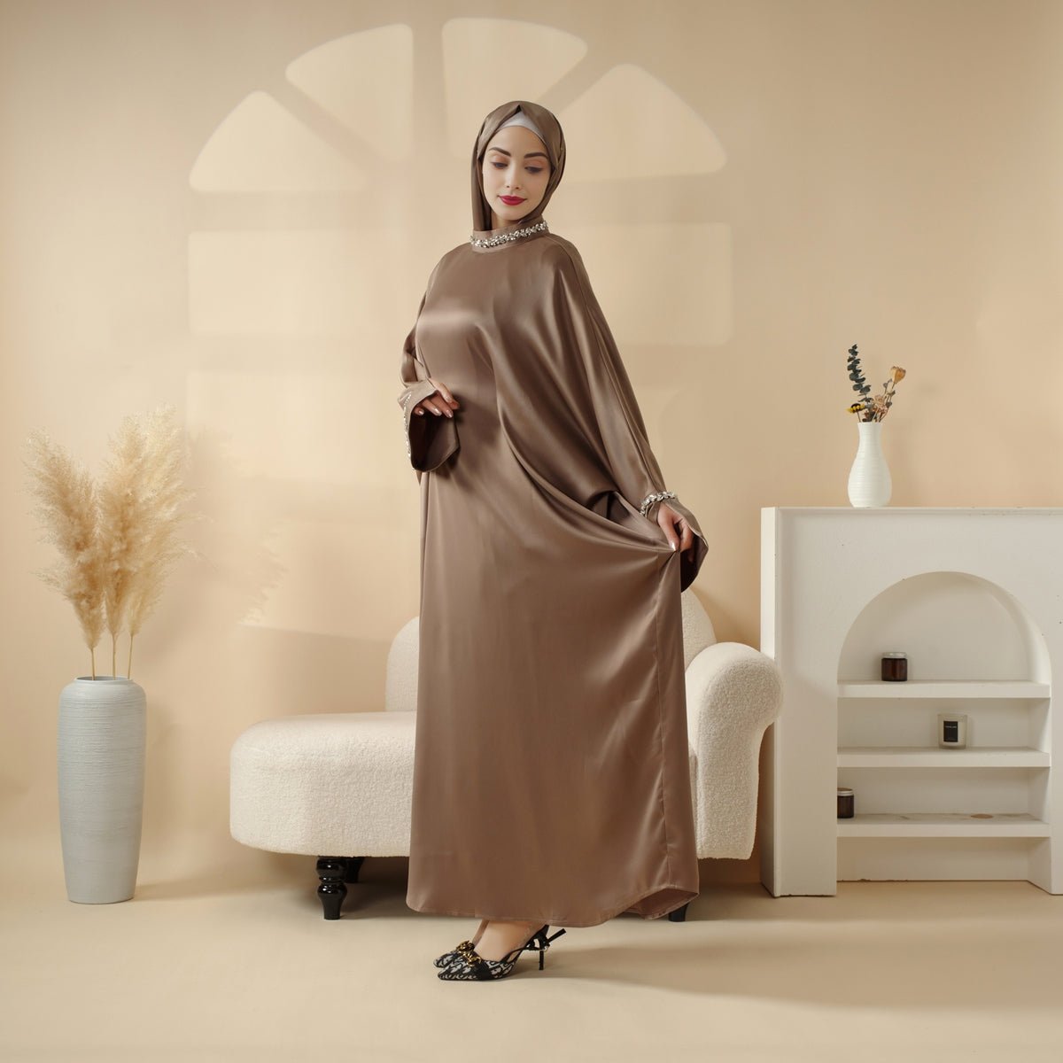 Kaftan Batwing Sleeve Luxury Satin Diamond Abaya 2-Piece Set (MA121), view 8