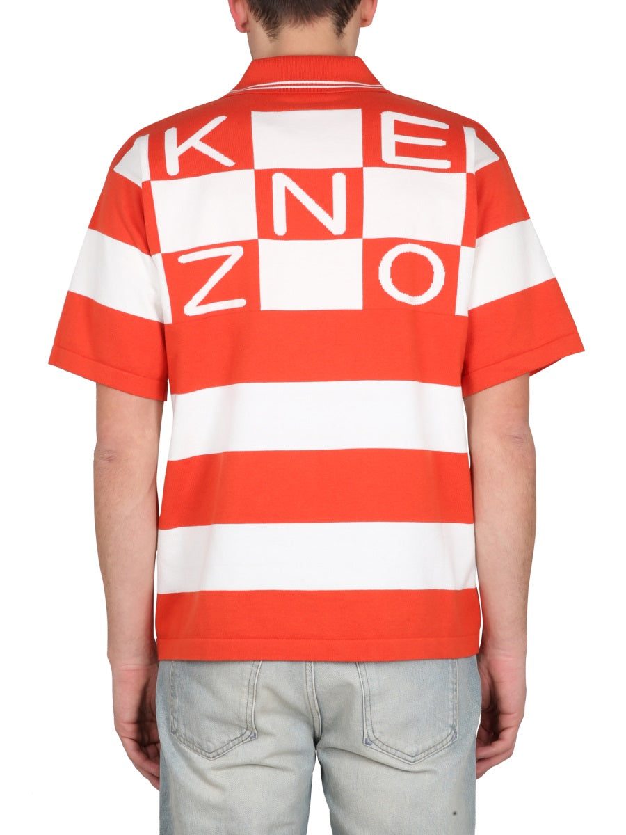 Kenzo Nautical Striped Cotton Polo Shirt — Red, view 3
