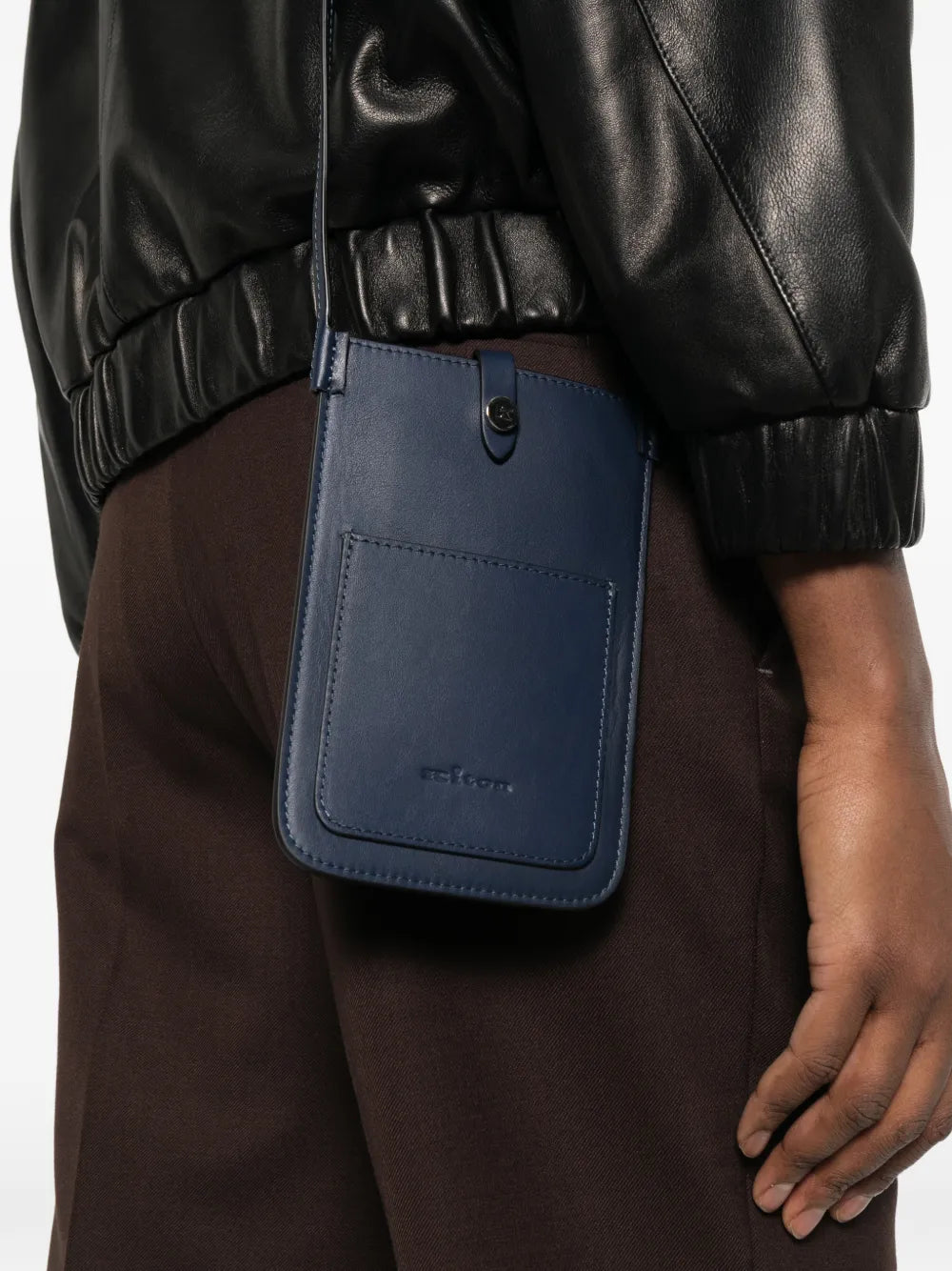 Kiton Calf Leather Crossbody Bag — Navy, view 5