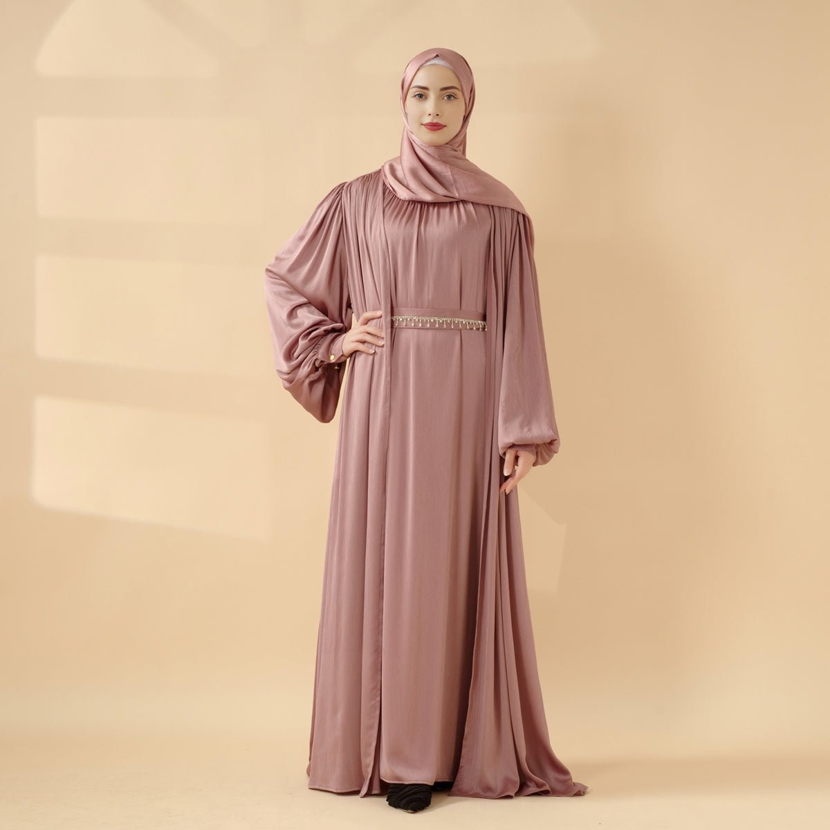 Lantern Sleeve Abaya, 4-Piece Set Large Pleated Sleeves Abaya (MOA084) by Mariam's Collection