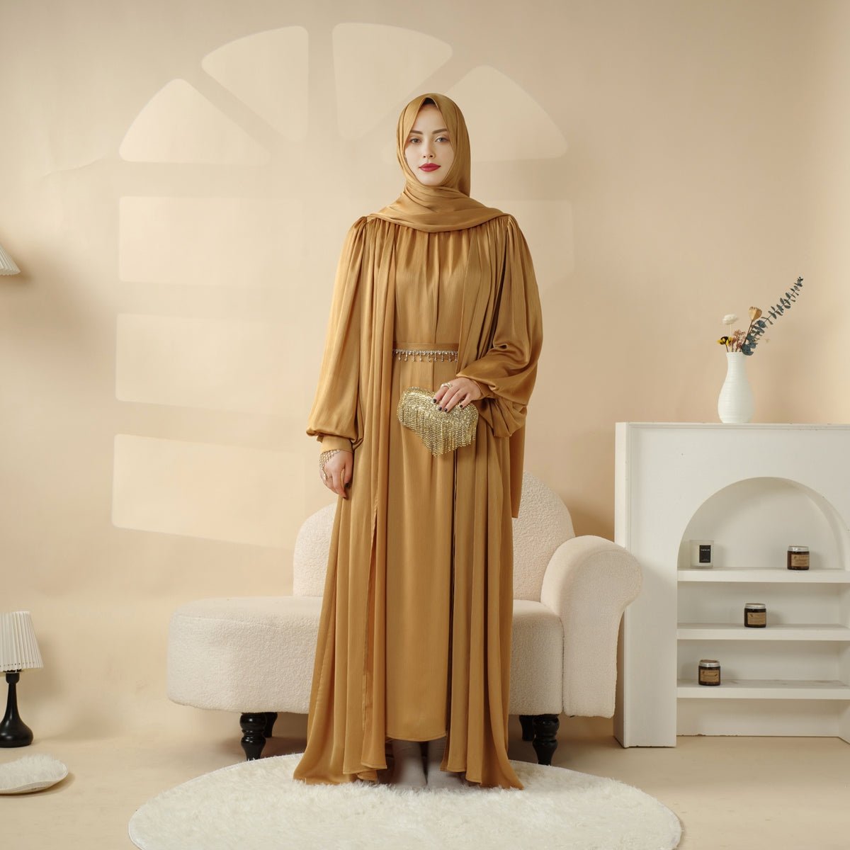 Lantern Sleeve Abaya, 4-Piece Set Large Pleated Sleeves Abaya (MOA084), view 2