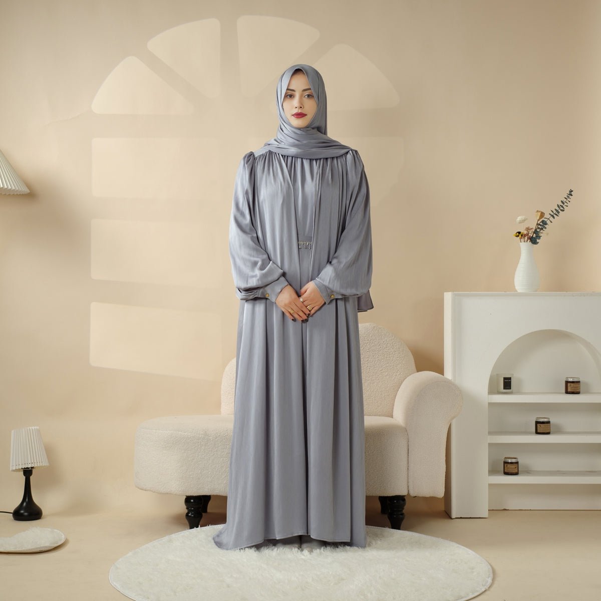 Lantern Sleeve Abaya, 4-Piece Set Large Pleated Sleeves Abaya (MOA084), view 3