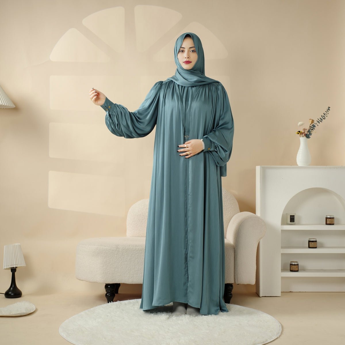 Lantern Sleeve Abaya, 4-Piece Set Large Pleated Sleeves Abaya (MOA084), view 4