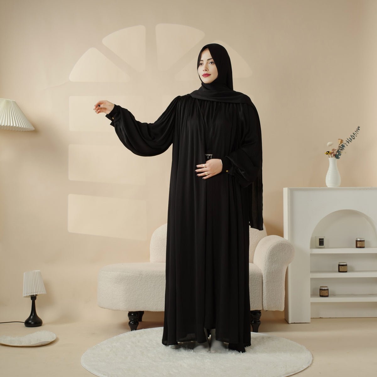 Lantern Sleeve Abaya, 4-Piece Set Large Pleated Sleeves Abaya (MOA084), view 5