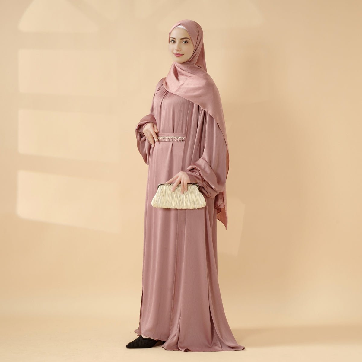 Lantern Sleeve Abaya, 4-Piece Set Large Pleated Sleeves Abaya (MOA084), view 6