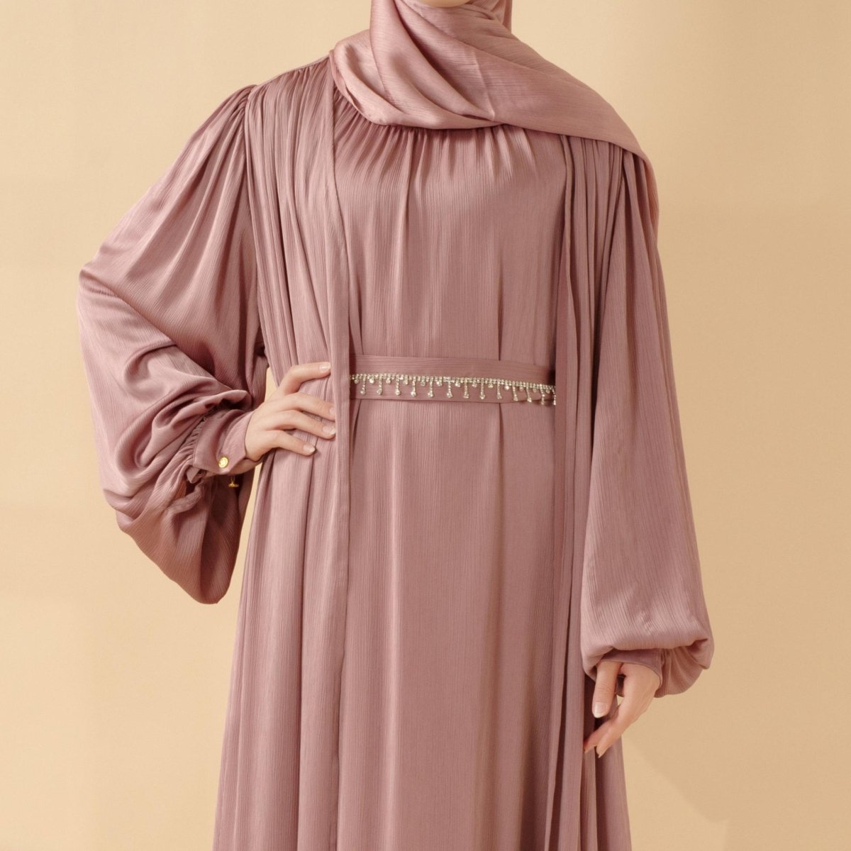 Lantern Sleeve Abaya, 4-Piece Set Large Pleated Sleeves Abaya (MOA084), view 7