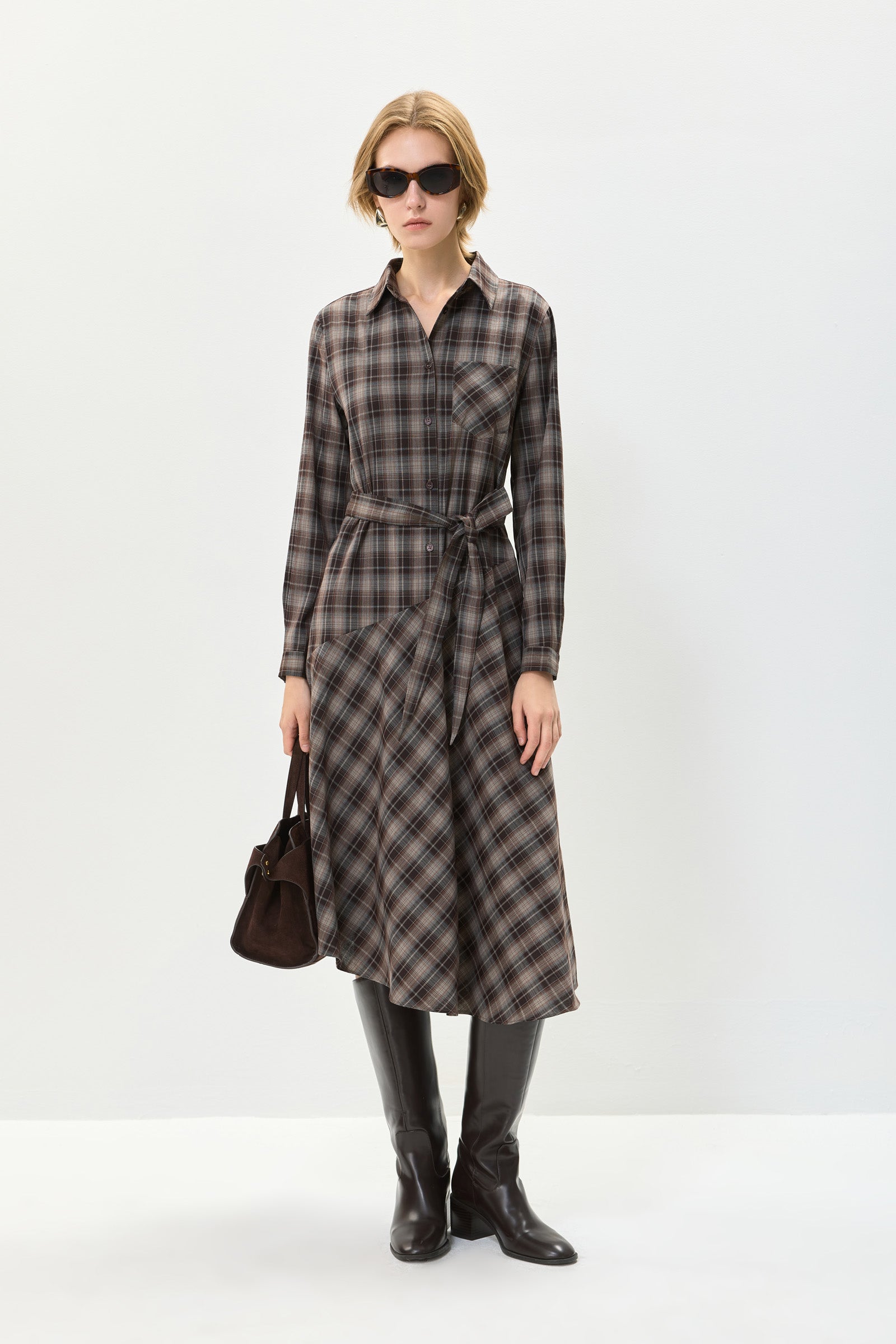 LILY Asymmetric-Hem Plaid Shirt Dress by LILY STUDIO